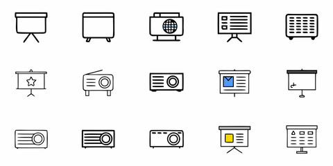 Dynamic presentation icons showcasing projectors and screens for effective communication, conveying modern business meetings, lectures, and educational tools