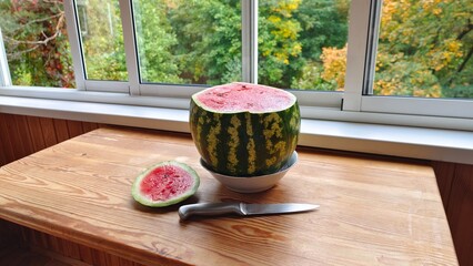 On the wooden table of the balcony there is a ceramic bowl with a sliced watermelon in it. There's...