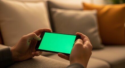 Naklejka premium Person holding smartphone with green screen horizontally at home.