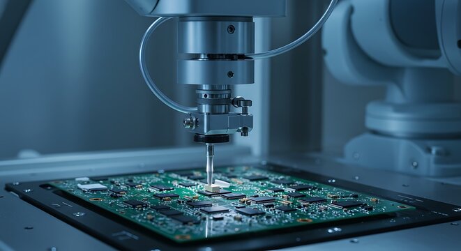 Modern robotic arm precisely assembling circuit board in advanced technology manufacturing facility for electronics and computer industry applications
