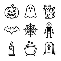 Black cauldron web candle tombstone carved bat icon grid vector skeleton halloween