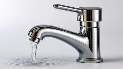 Shiny chrome faucet with flowing water on white background