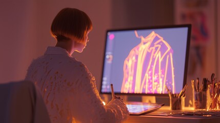 Fashion designer sketching on tablet with holographic garments and digital mannequins in studio