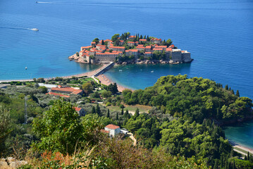A drone view of Sveti Stefan Island in Montenegro © sinandogan