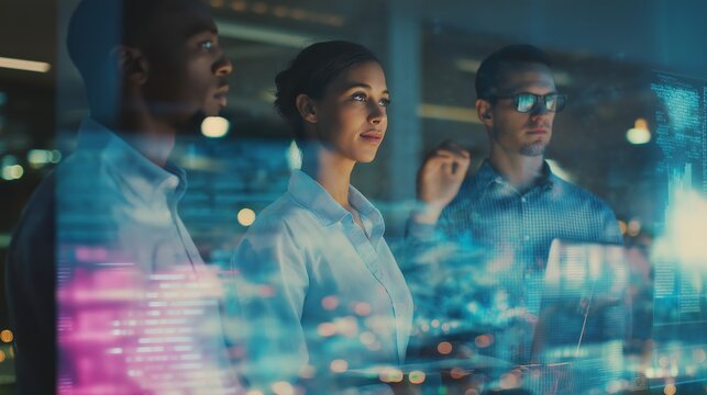 Professionals in glass office working with holographic charts and 3D models futuristic corporate scene - Powered by Adobe