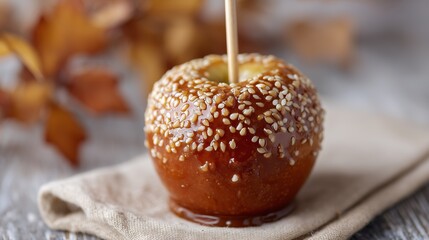 Caramel apple with sesame seeds on parchment paper rustic wood table autumn overhead