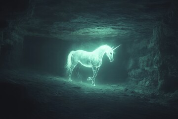 Fototapeta premium Glowing Unicorn Inside a Cave, Mythical Creature, Fantasy, Magical, Dark, Atmospheric