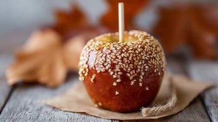 Caramel apple with sesame seeds on parchment paper rustic wood table autumn overhead