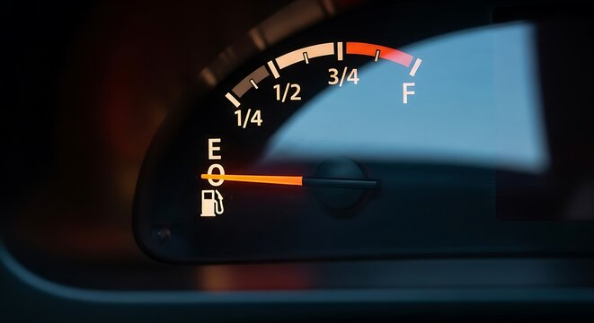 Car Fuel Gauge Showing Low Fuel Level, Close-Up View.