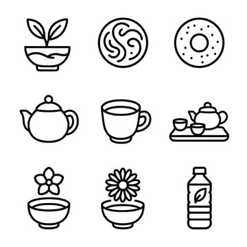 Green icons chinese tea ceremony cup set vector chrysanthemum pot bottled icon