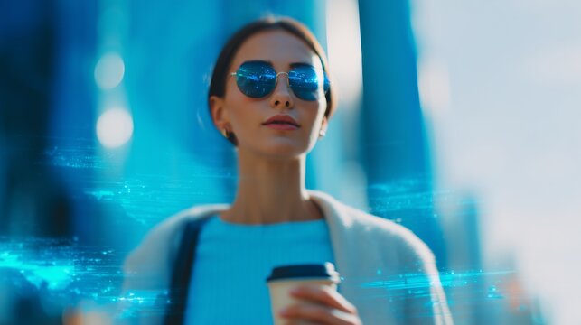 Woman walking in city with coffee and holographic maps futuristic urban lifestyle scene