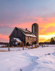 Rustic winter sunset barn