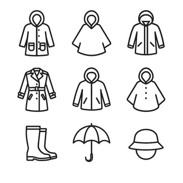 Vinyl rainwear umbrella poncho vector icon hat rain raincoat waterproof set jacket