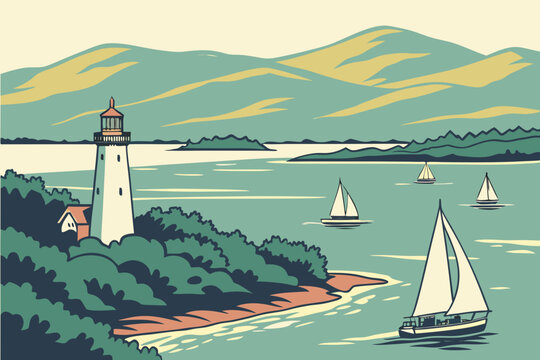 Lake Champlain in Vermont&ndash;New York border, vast lake with sailboats, Adirondack mountains, and historic lighthouses