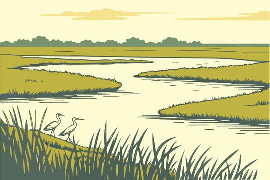 Lake Okeechobee in Florida, vast freshwater expanse with grassy wetlands and wading birds along the shoreline