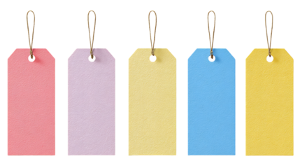 Five colorful blank tags isolated on transparent background