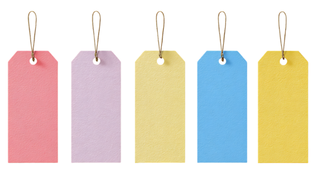 Five colorful blank tags isolated on transparent background