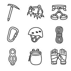 Gear mountain chalk crampons climbing carabiner bag vector belay device gloves icon