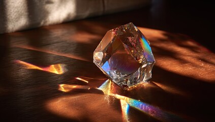 Crystal prism casts vibrant spectrum on wooden surface