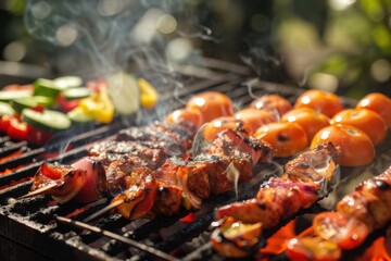 Outdoor Barbecue with Grills and Food