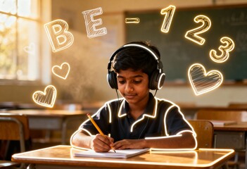 Neurodivergent indian kid boy with headphones glowing in yellow outline smiling and writing in classroom surrounded by floating math symbols expressing focus and learning support