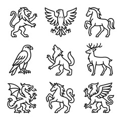 Icons vector eagle dragon wolf animal lion falcon royal unicorn deer griffin