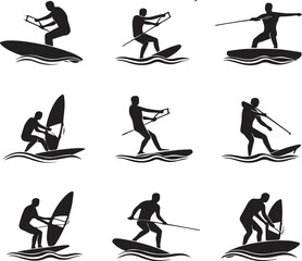 Collection of black silhouette icons depicting windsurfing and paddleboarding on water sports