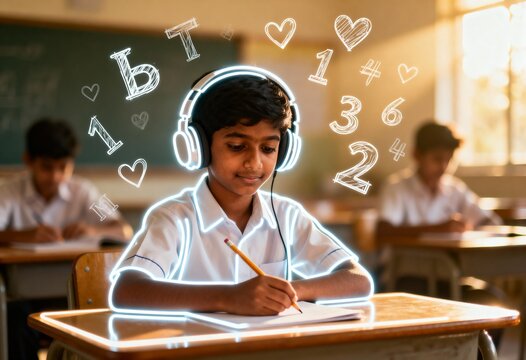Neurodivergent indian kid boy with headphones glowing in yellow outline smiling and writing in classroom surrounded by floating math symbols expressing focus and learning support