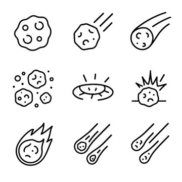 Comet icon meteorite set vector fireball crater shower asteroid belt meteor