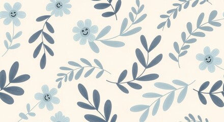 Fototapeta premium Cute floral pattern with blue flowers and leaves scattered on a cream background creating a whimsical and cheerful spring vibe.