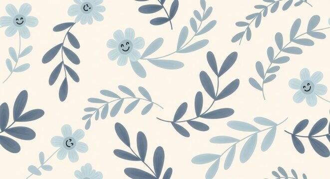 Cute floral pattern with blue flowers and leaves scattered on a cream background creating a whimsical and cheerful spring vibe.