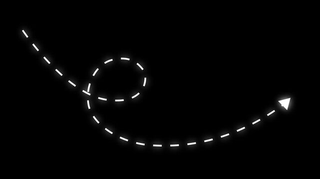 4k Long dotted line arrow animation to indicate an object. arrow animation following wavy dotted line. target arrow icon on black background. 
