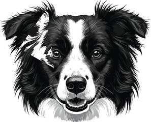 Border Collie dog head illustration in black and white, detailed fur portrait, expressive eyes, realistic pet art design