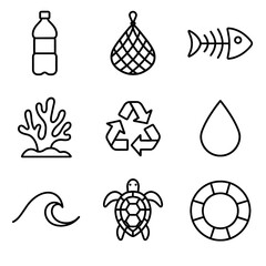Turtle fish wave water skeleton conservation recycling droplet marine icon bottle icons