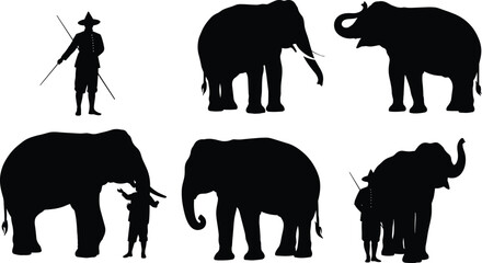 Elephant and human silhouettes, cultural interaction, black vector illustration, wildlife concept, traditional storytelling, symbolic animal pose, minimal design, parable-inspired art