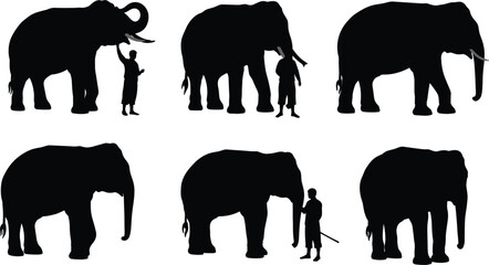 Elephant silhouettes with human figures, cultural interaction, wildlife concept, black vector illustration, symbolic parable, minimalist design, animal perception, traditional storytelling art