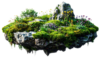 isolated floating rock island with moss, wildflowers and crystals, diorama style