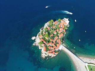 A drone view of Sveti Stefan Island in Montenegro
