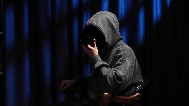 Anonymous hooded figure talking on the phone