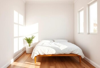 Sunlit minimalist bedroom, white walls, simple bed, natural light,  muted,  simple