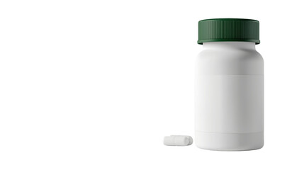 White pill bottle with green cap and pills