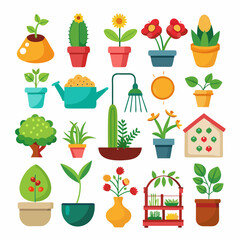 Collection of illustrated potted plants and gardening elements