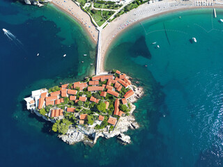 A drone view of Sveti Stefan Island in Montenegro