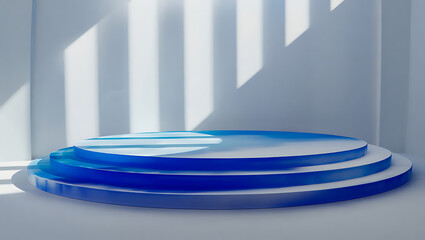 Minimalist stage with blue tiers and sunlight