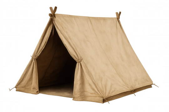 Vintage canvas tent providing temporary shelter, ideal for outdoor survival, camping, and historical reenactment on transparent background - Powered by Adobe