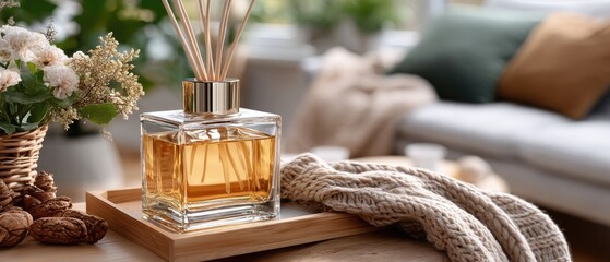 Fototapeta premium A small vase filled with orange flowers and a fragrant diffuser sit on a wooden tray in a bright, stylish living room