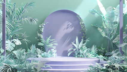 Stage with plants and arch, pastel colors, soft lighting