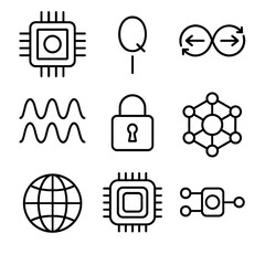Atom quantum circuit icons qubit superposition computing entanglement processor icon chip vector