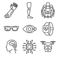 Prosthetic exoskeleton vector icon arm bionics sensors set leg medical chip neural