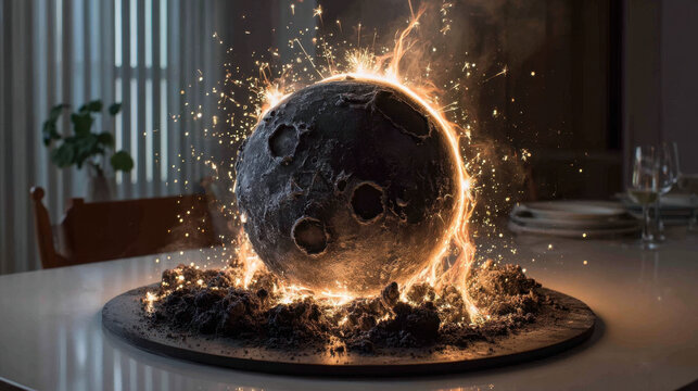Glowing cratered sphere igniting with fiery sparks and embers on a table in surreal artistic style